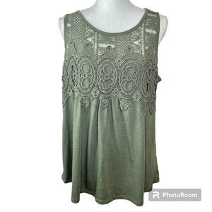 2/$25 Almost Famous Buckle Olive Green Lace Bohemian Western Stretchy Tank 1X